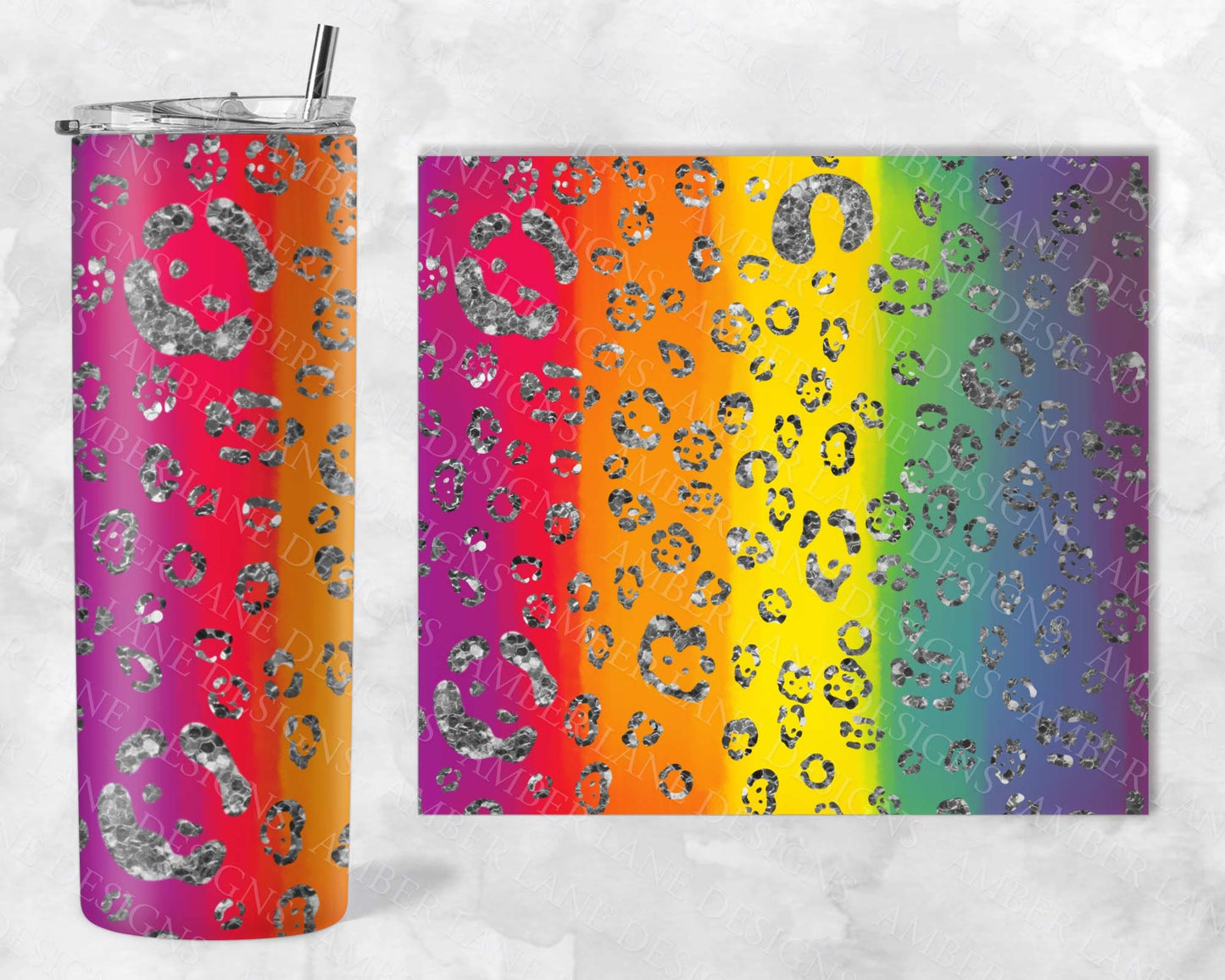 Rainbow glitter leopard watercolor 20oz SKINNY TUMBLER bundle straight wrap 1 jpeg file