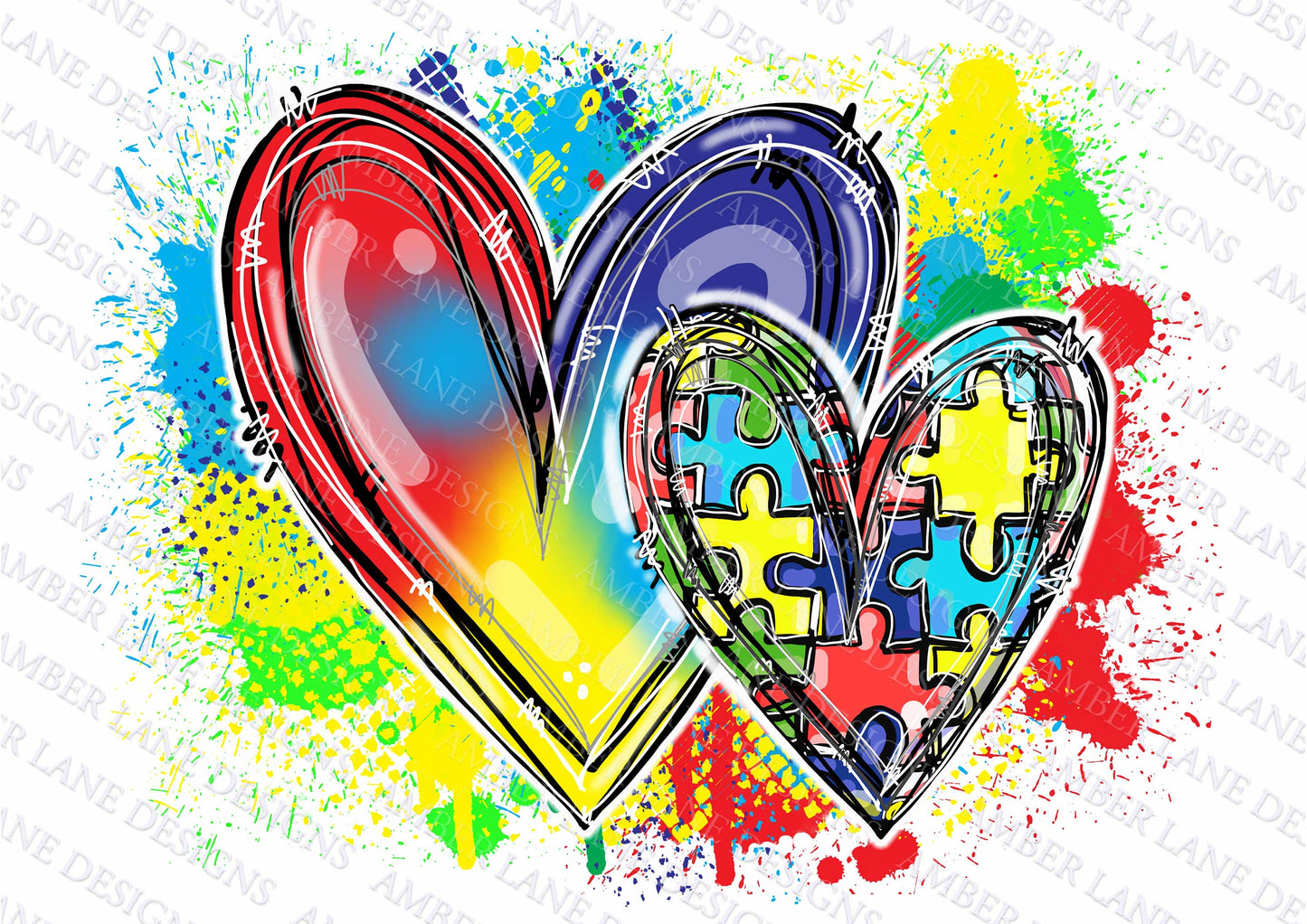 Autism puzzle hearts with paint splats png file