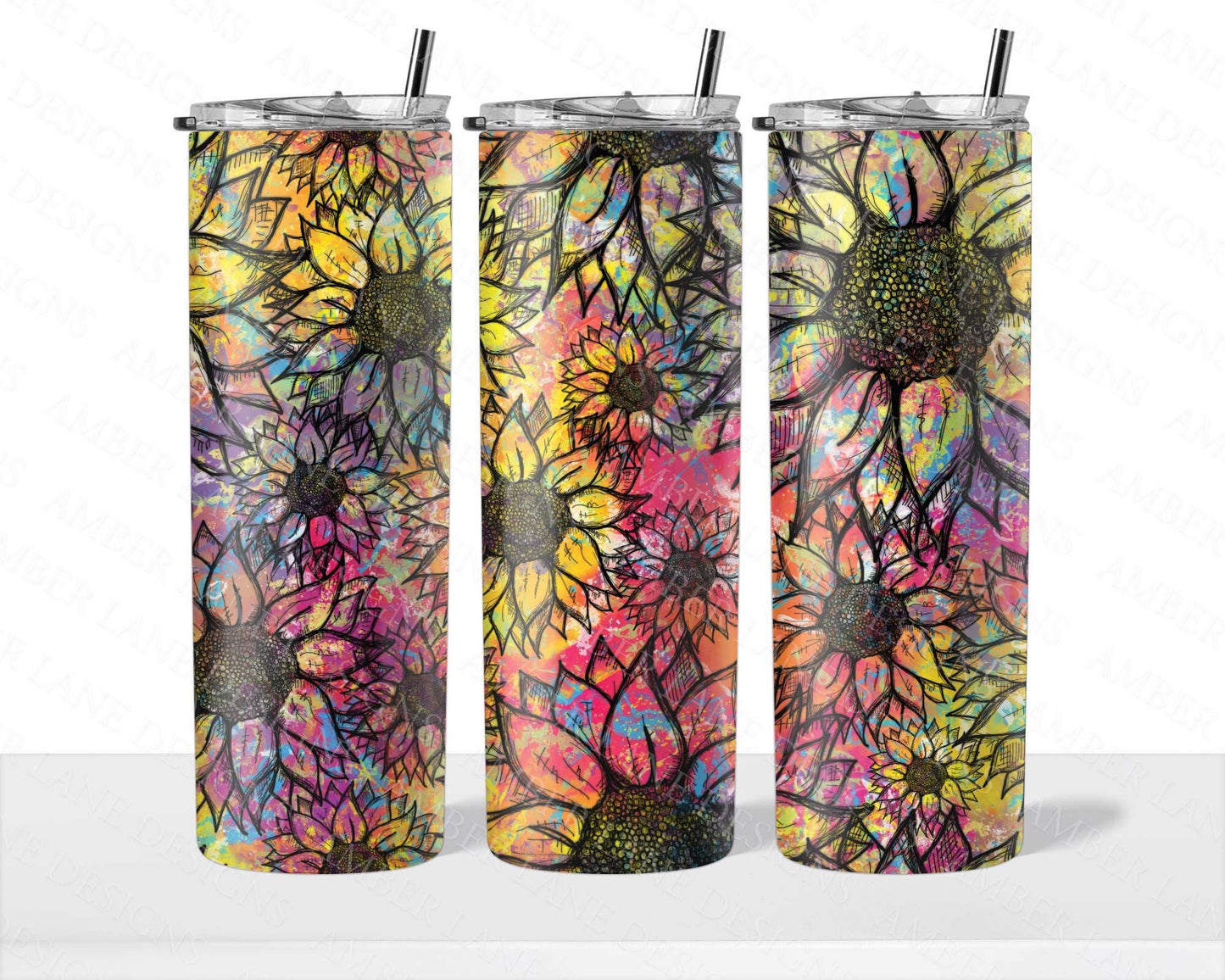 Sunflower Tie Dye inks 20oz SKINNY TUMBLER straight wrap 1 jpeg file