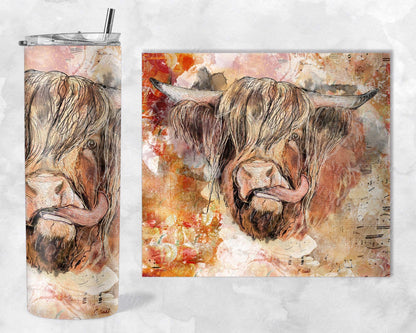 Fall Highland Cow with Maple Leafs 20oz SKINNY TUMBLER straight wrap 1 jpeg file