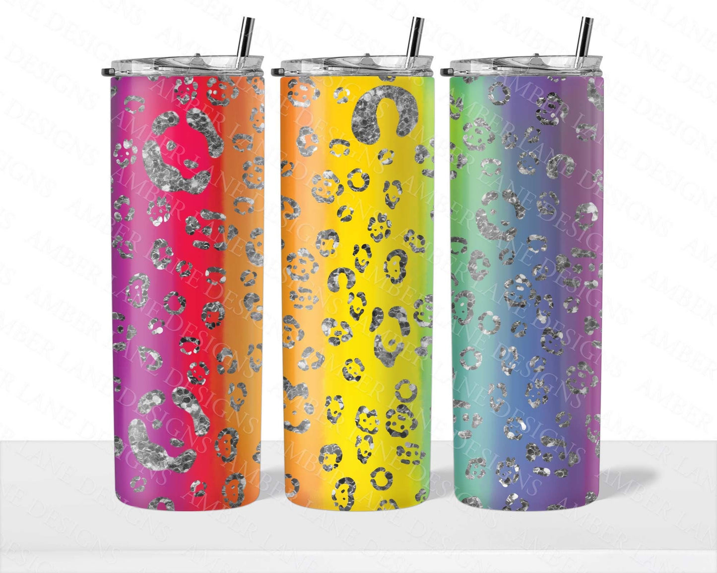 Rainbow glitter leopard watercolor 20oz SKINNY TUMBLER bundle straight wrap 1 jpeg file