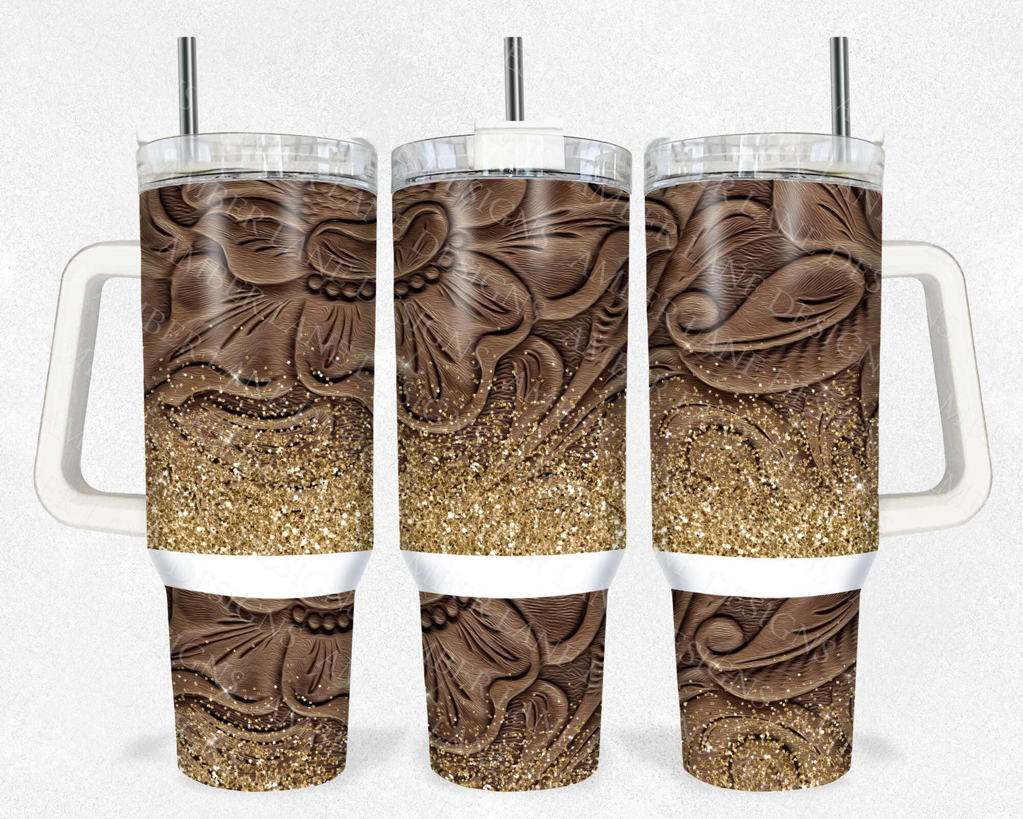 Tooled leather with glitter 40oz TUMBLER Two Piece tumbler sublimation wrap png digital files