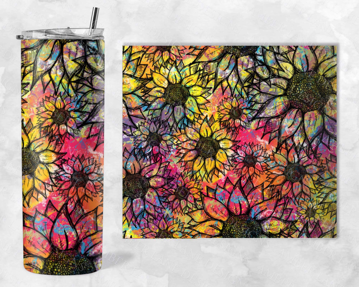 Sunflower Tie Dye inks 20oz SKINNY TUMBLER straight wrap 1 jpeg file