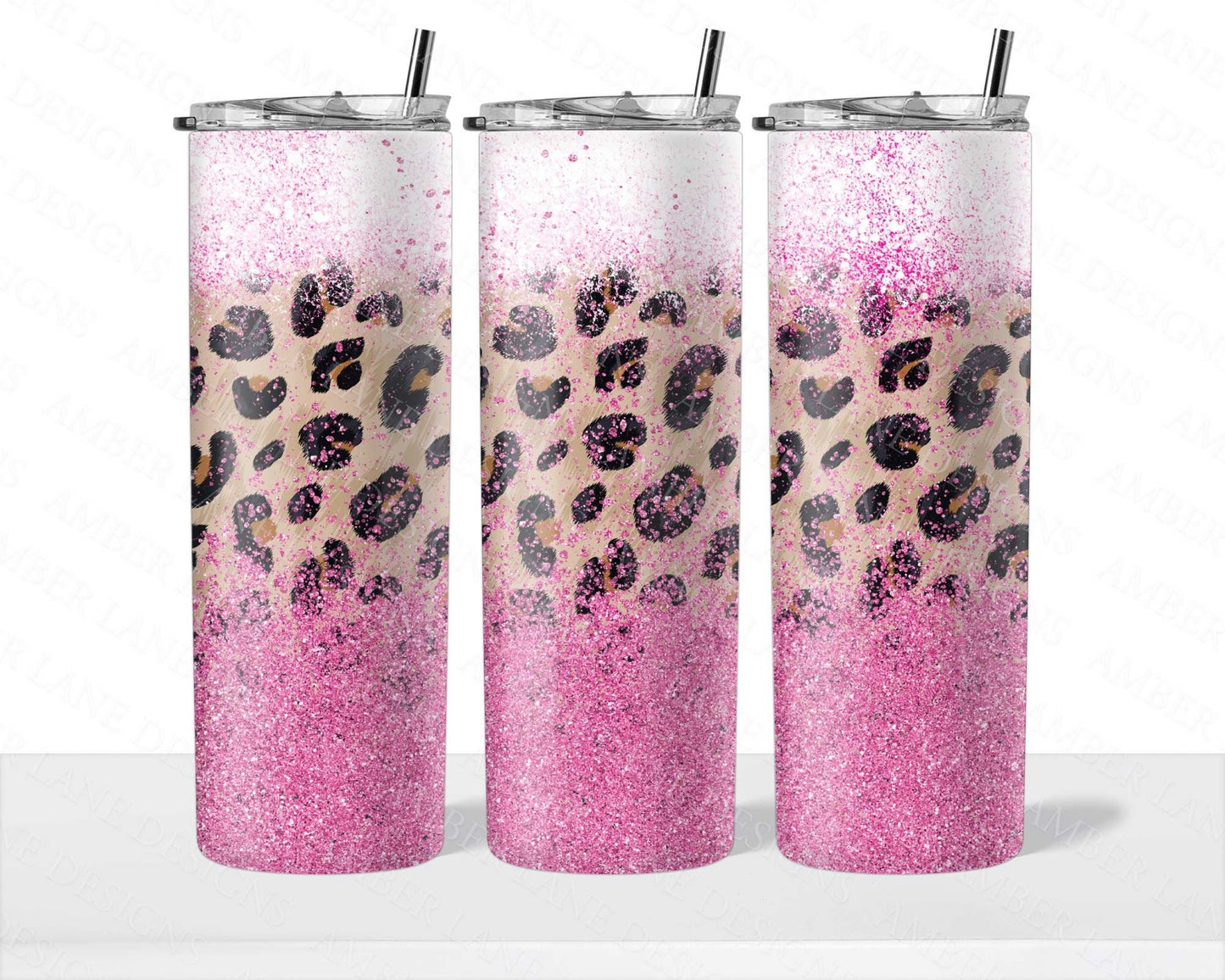 Pink Leopard glitter and  spray paint splats 20oz SKINNY TUMBLER straight wrap 1 jpeg file