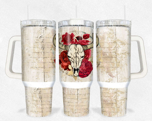 Bull Skull with roses 40oz TUMBLER Two Piece tumbler sublimation wrap png digital files