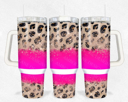 Hot pink Cheetah and glitter 40oz TUMBLER Two Piece tumbler sublimation wrap png digital files