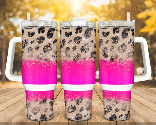 Hot pink Cheetah and glitter 40oz TUMBLER Two Piece tumbler sublimation wrap png digital files