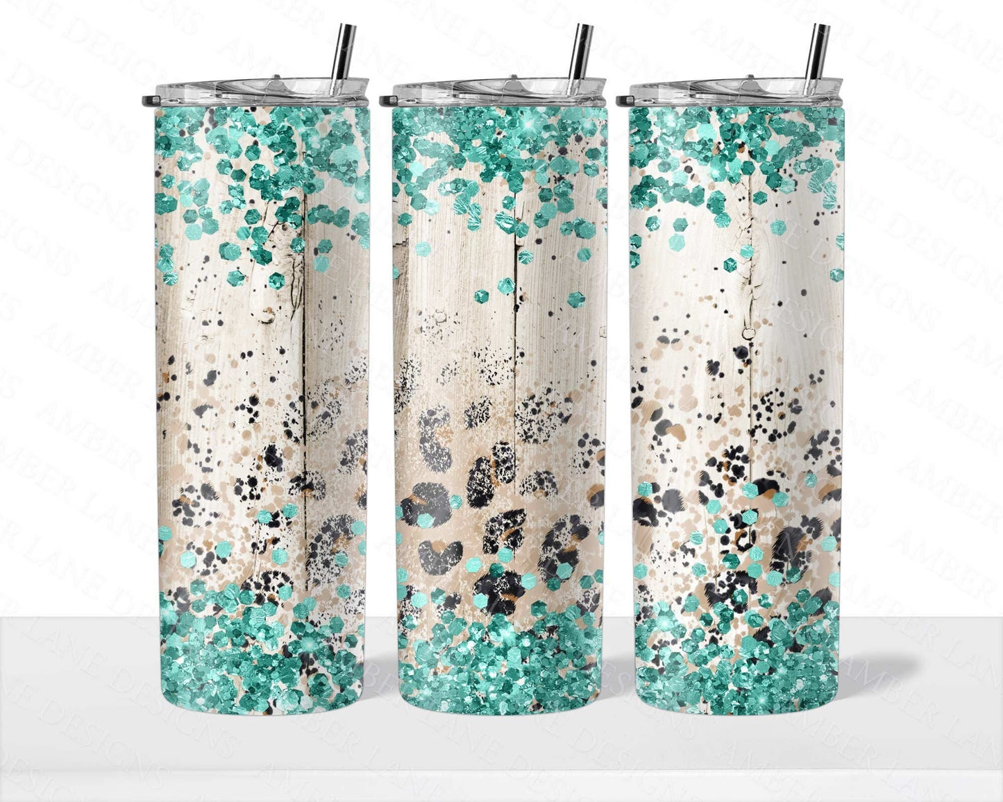 Teal leopard wood  20oz SKINNY TUMBLER straight wrap 1 jpeg file