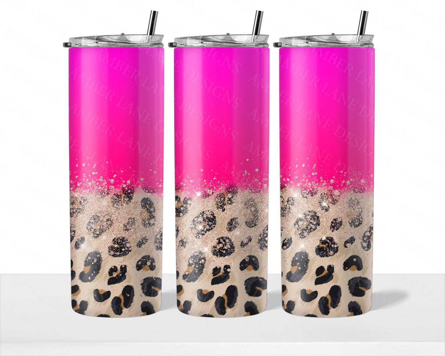 Hot pink ombre leopard glitter  20oz SKINNY TUMBLER straight wrap 1 jpeg file
