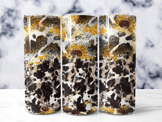 Sunflower Cowhide and Leopard 20oz SKINNY TUMBLER straight wrap 1 jpeg file