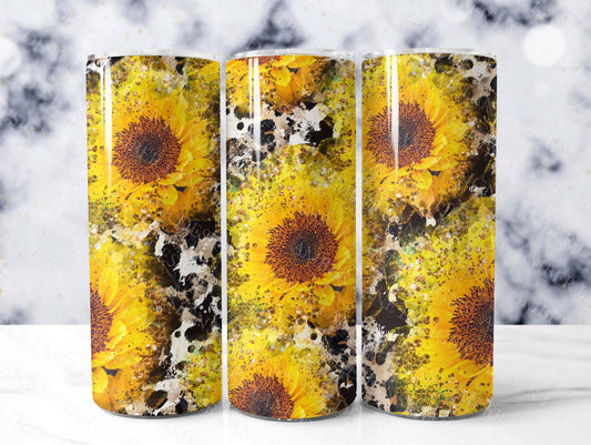 Sunflower glitter and Cowprint 20oz SKINNY TUMBLER straight wrap 1 jpeg file