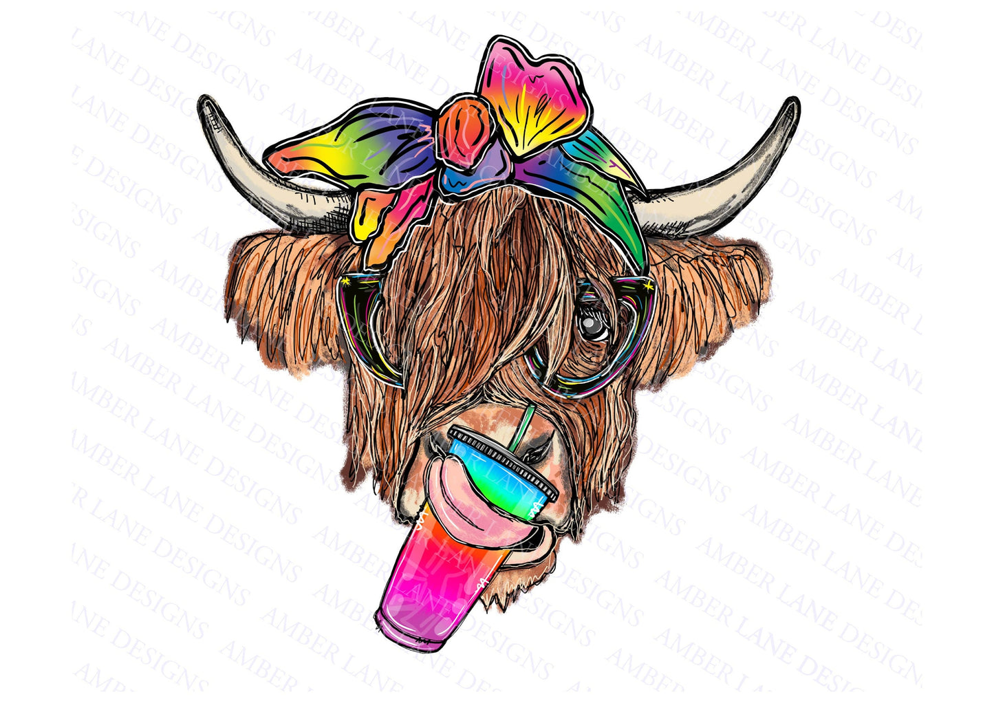 Highland Cow With Loaded Tea bandana and glasses PNG file