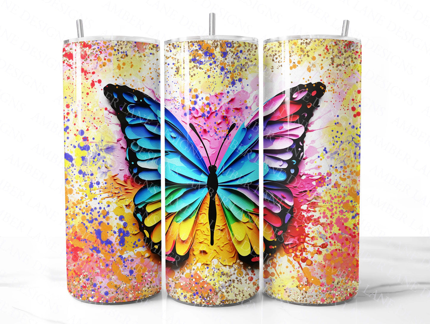 Rainbow 3D oil paint Butterfly 20oz SKINNY TUMBLER wrap