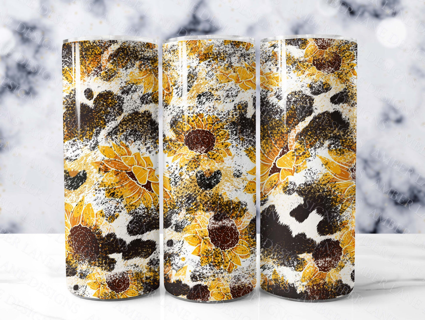 Sunflower and Cowprint 20oz SKINNY TUMBLER straight wrap 1 jpeg file
