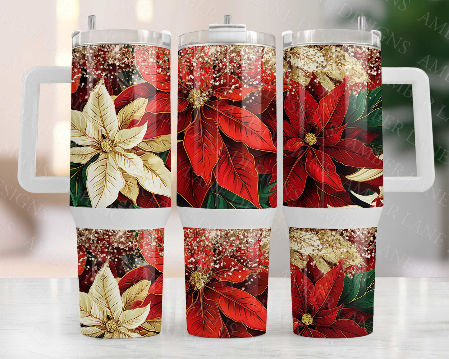 Poinsettia Christmas floral 40oz TUMBLER Two Piece tumbler sublimation wrap png digital files