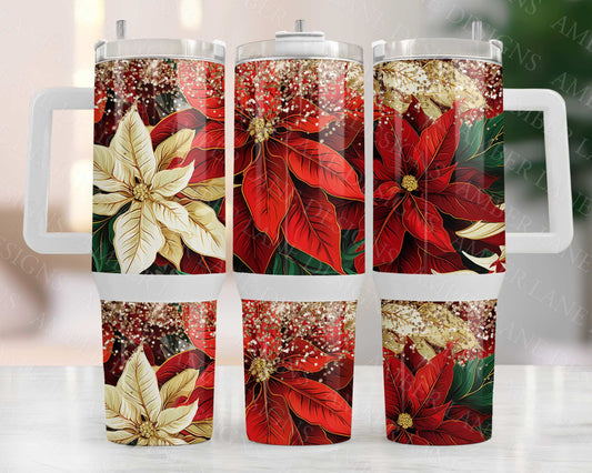 Poinsettia Christmas floral 40oz TUMBLER Two Piece tumbler sublimation wrap png digital files