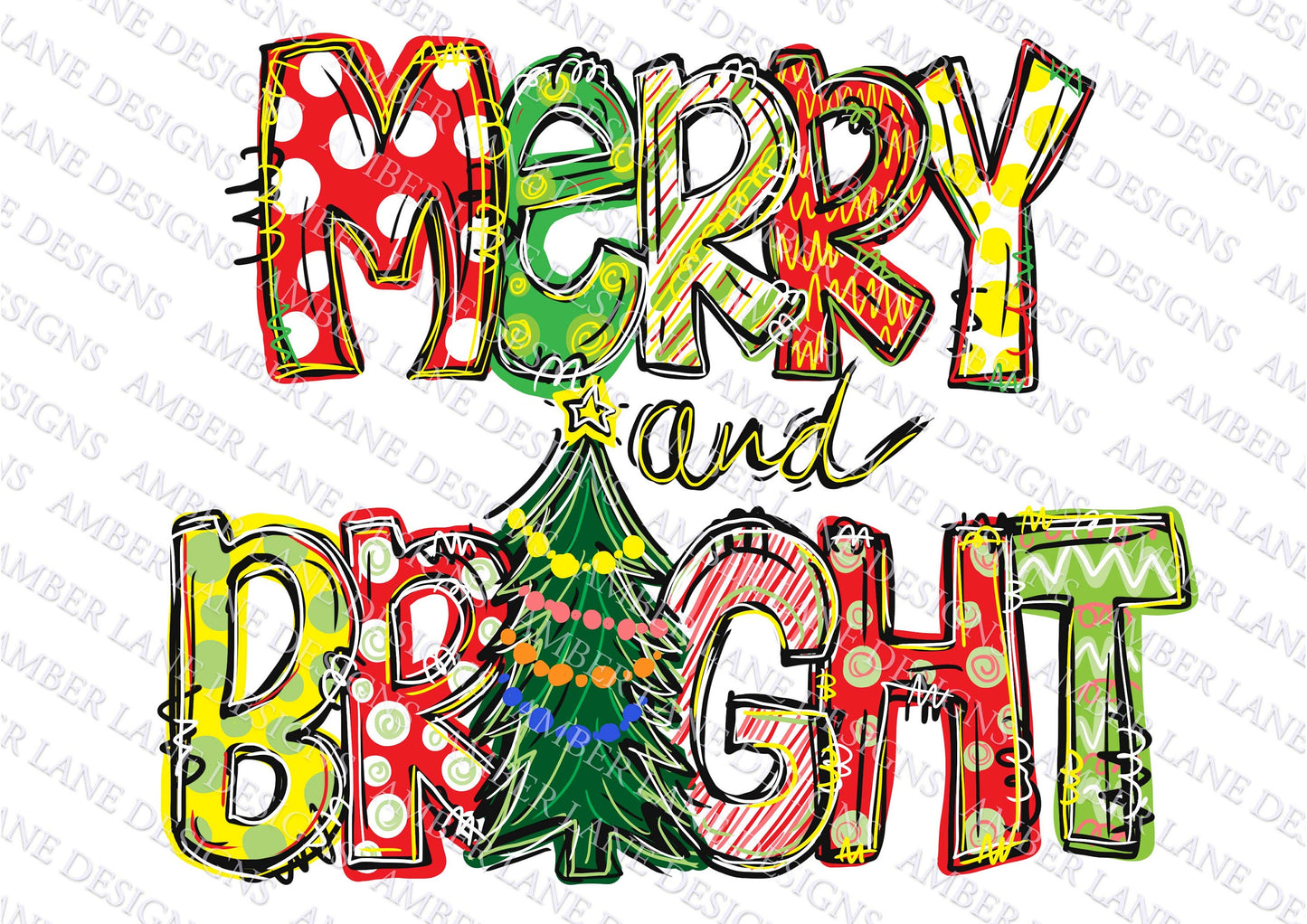 Merry and Bright Christmas tree ,hand lettered png digital file