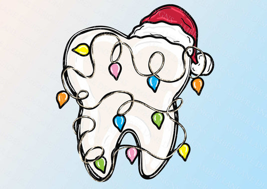Tooth with Santa hat and and Christmas Fairy lights, dentist png, dental nurse digital file