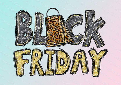 Black Friday glitter text with leopard shopping bag, png file